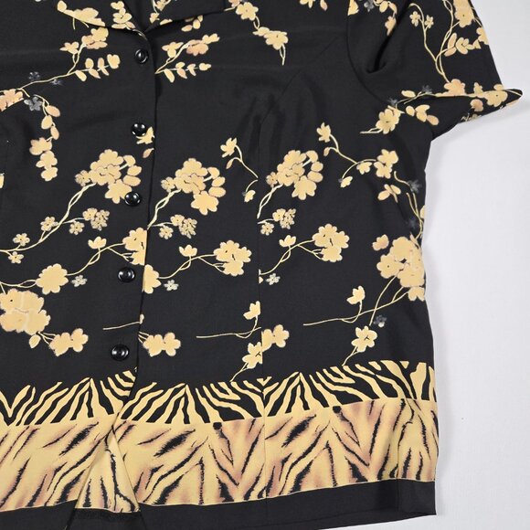 Joan Leslie Woman 18W Floral Button‎ Up Blouse Black Beige Short Sleeve Top - Picture 9 of 10